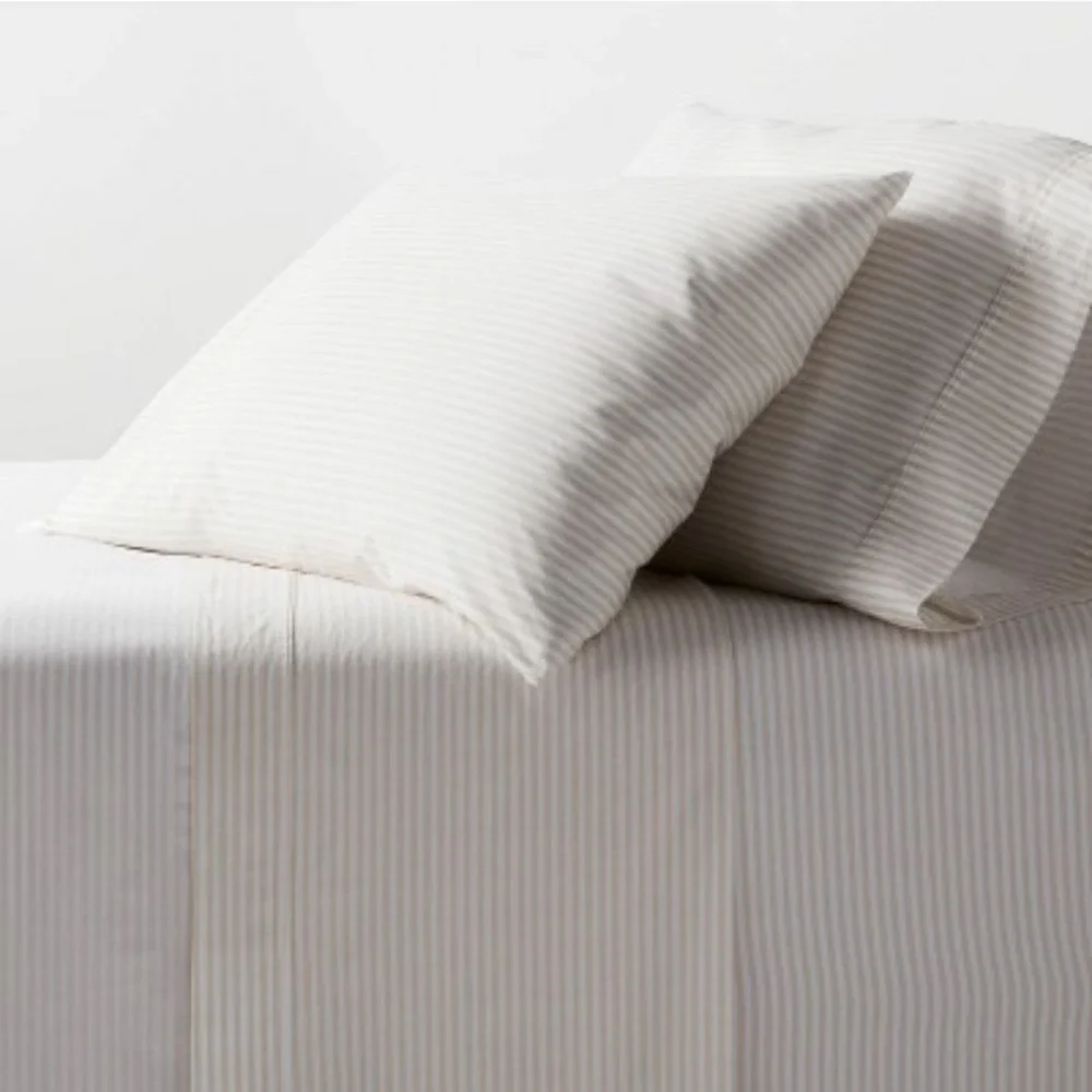 New Threshold Organic Cotton Washed Percale Sheets Set Khaki White Stripes Queen